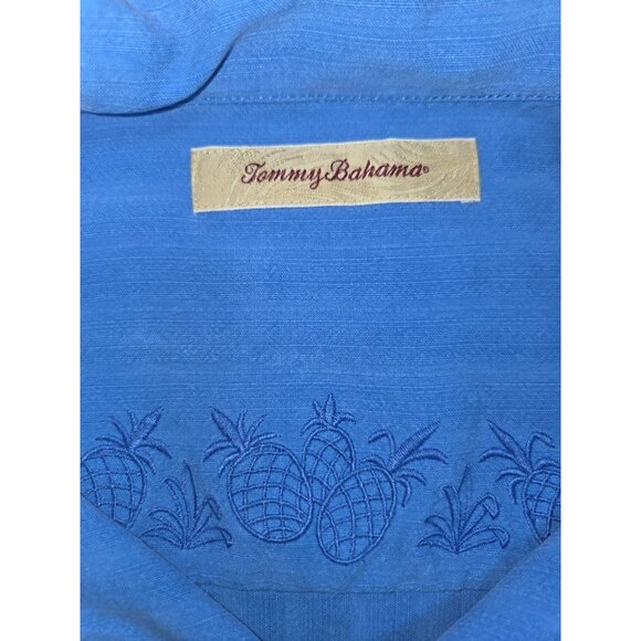 Tommy Bahama Blue 100% Silk XL Mens Hawaiian Shirt Pineapple Embroidery - Picture 5 of 7